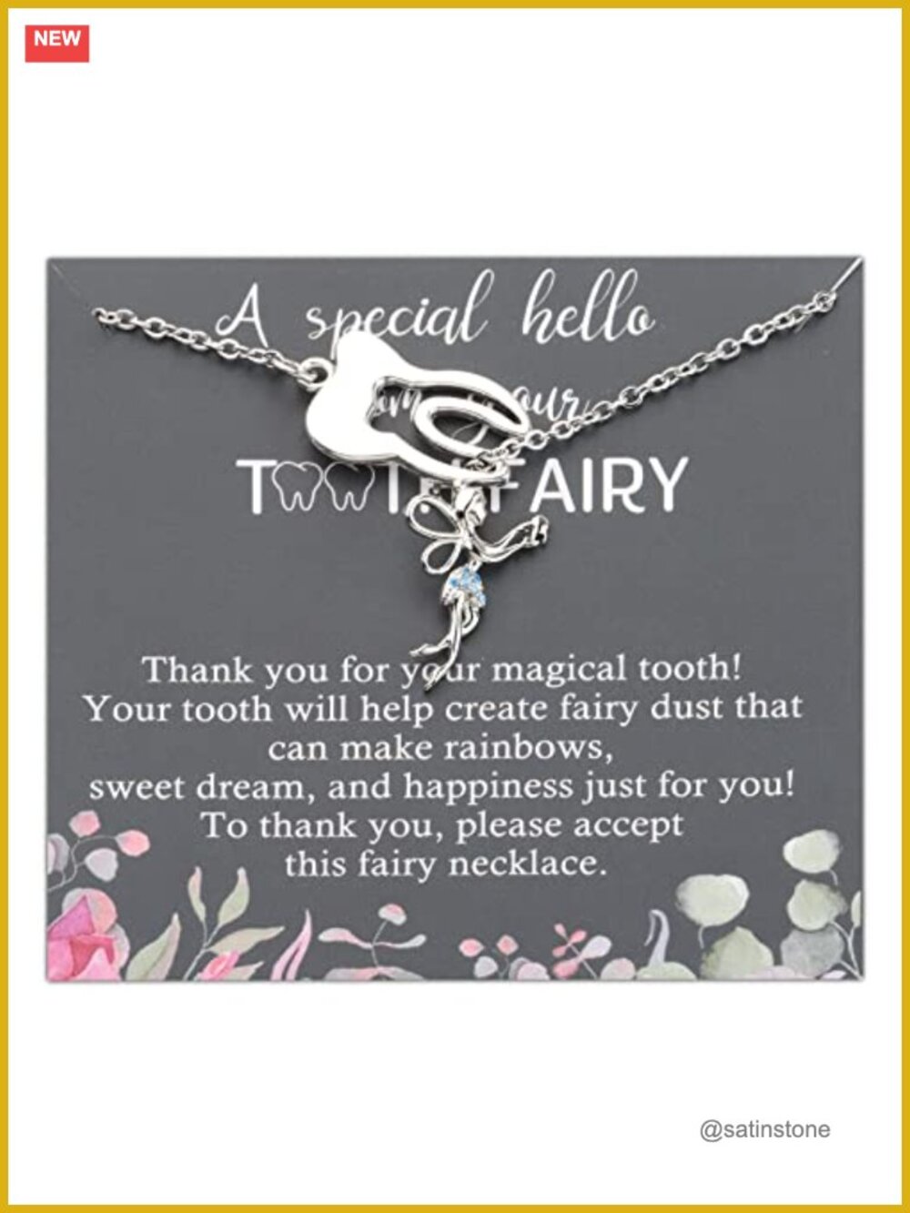 Tooth Fairy Y Lariat Necklace Stainless Steel Cubic Zirconia Pendant Gift for